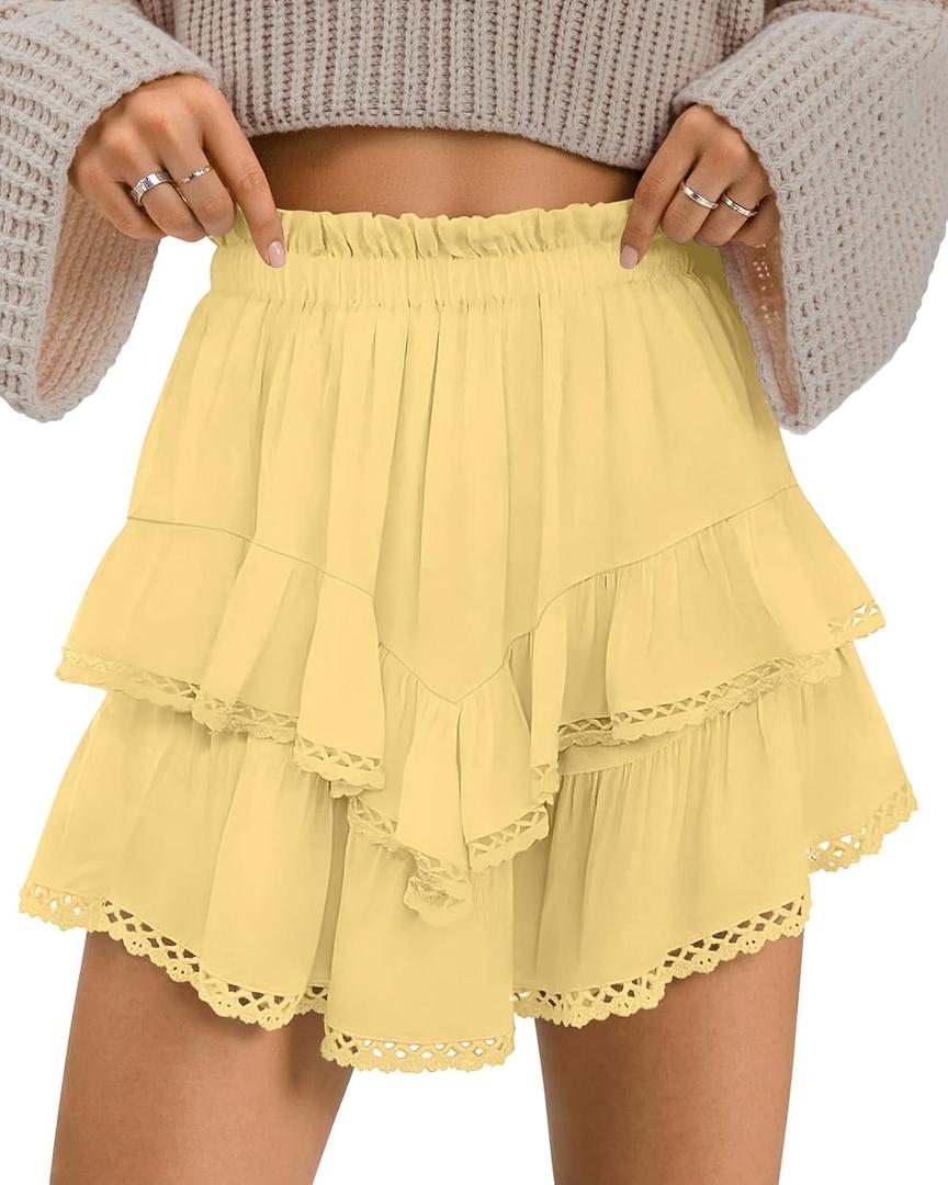 TARSE Womens Flowy Shorts High Waist Pleated Mini Skirts Casual Boho Ruffle Tiered Skorts Cute Versatile Fashion Shorts (Yellow, XXL)