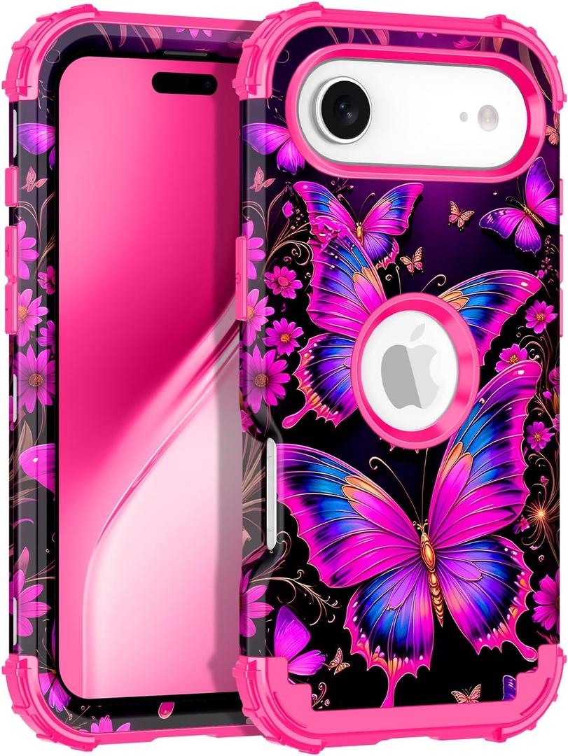 Rancase for iPhone Air Case,Three Layer Heavy Duty Shockproof Protection Hard Plastic Bumper +Soft Silicone Rubber Protective Case for Apple iPhone 17 Air 6.5 inch,Glow in The Dark-Hot Pink