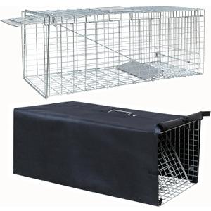 Live Feral Cat Trap Cage with Cover, Heavy Duty Folding Animal Traps Cage for Stray Cats, Humane Cat Trap for Raccoon, Squirrel, Skunk, Catch and Release - (32 x 10 x 12 inches)