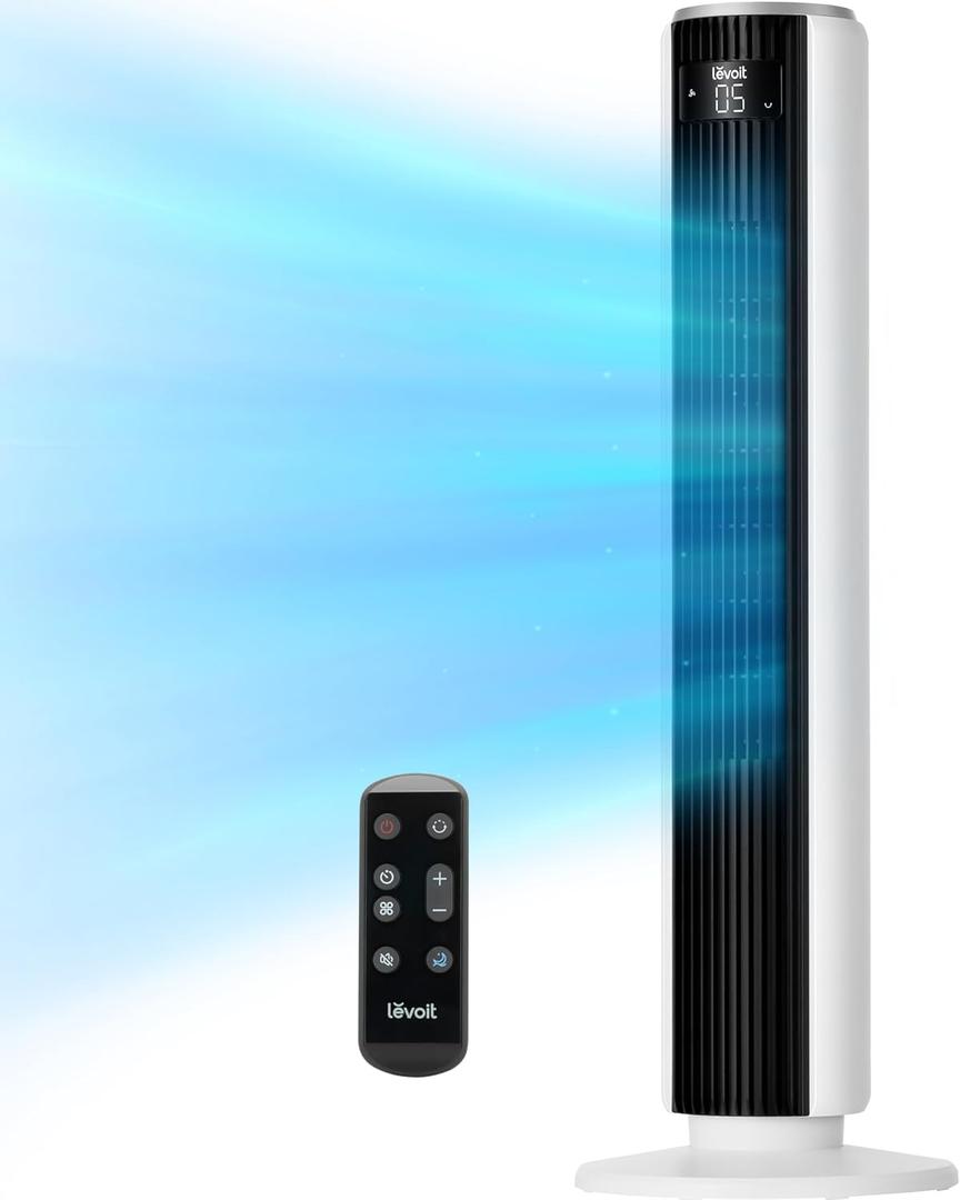LEVOIT Tower Fan for Bedroom, Standing Fan with 28dB Quiet for Sleep, Remoter, 12H Timer, 25ft/s Velocity, 5 Speeds, 4 Modes, 90 Oscillation for Home, Office, Indoor, Bladeless 36 inch, White