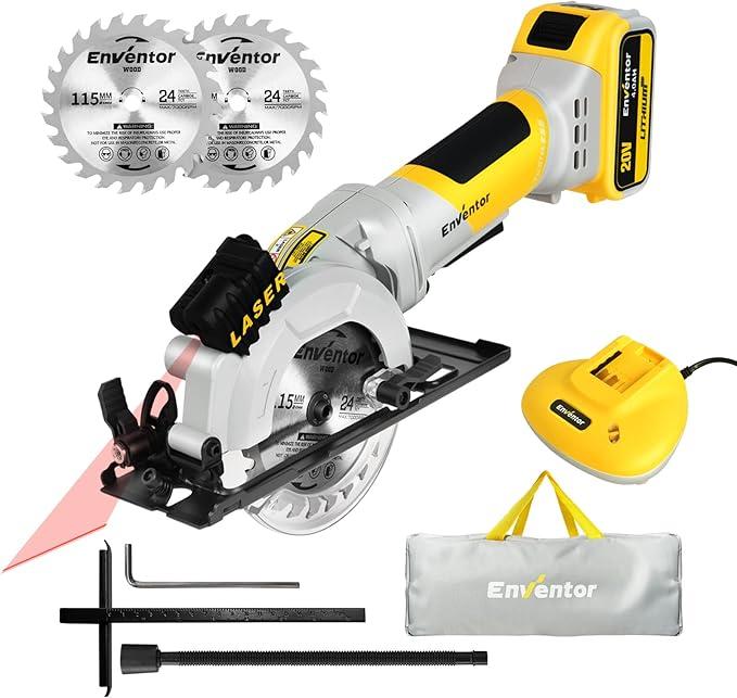 Brushless Mini Circular Saw, ENVENTOR 20V Cordless Circular Saw 3800RPM with Laser Guide, 4.0AH Battery, Fast Charger, 2 Saw Blades 4-1/ 2" Max Cutting Depth 1-11/ 16"(90°), 1-1/ 8"(45°) for Wood, PVC