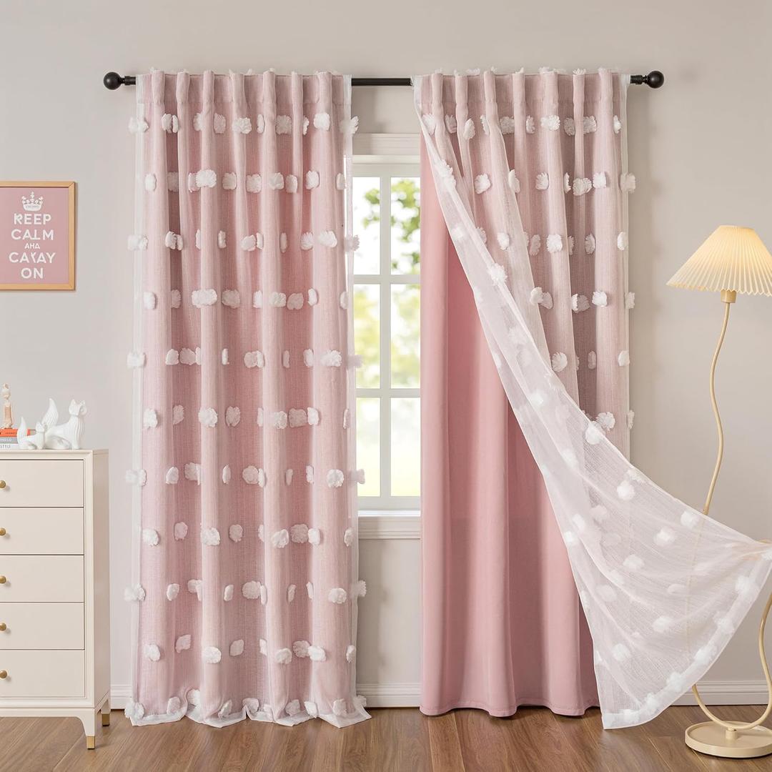 MYSKY HOME Pink Curtains for Girls Room 84 Inches Long Nursery Curtains Girl for Kids Room Double Layer White Pom Pom Sheer Living Room Darkening Window Drapes Back Tab, W52 X L84, 2 Pieces