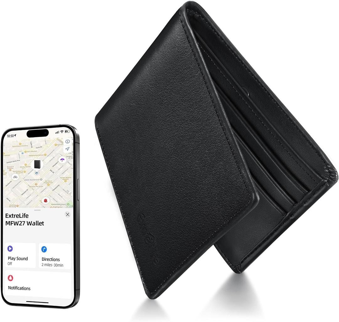 Wallet with Tracker for Men, Works with Apple Find My APP (iOS Only), Air Tag Wallet, Mens Smart Wallets with GPS Tracker,Bifold Leather RFID Blocking, Rechargeable Battery, Gift for Him, Black