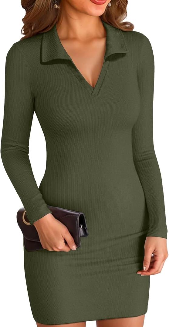 VICHYIE Women Lapel Neck Ribbed Bodycon Tight Fall Dress Long Sleeve Mid Thigh Pencil Above Knee Dresses (Green, XL)