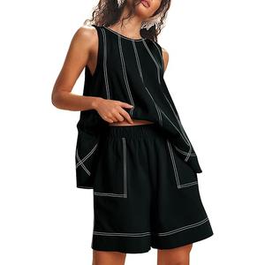 2 x TERIVEEK Women Two Piece Summer Outfits Lounge Set Casual Loose Sleeveless Tunic Tops and Shorts with Pockets Tracksuit Set (Small, Black)