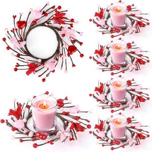 6 PCS Valentine Candle Rings Wreaths Valentines Day Mini Wreath Red Pink Heart and Berry Candle Holder Rings Valentine's Table Decor for Valentine Day Wedding Windows Table Centerpieces