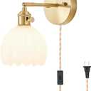 Plug in Wall Sconce, Vintage Sconce Light with Tulip Milk White Glass Lampshade, Bedside Wall Sconce with Switch and Plug in Wall Lamp Cord, Gold Wall Light for Bedroom (Plug in1 Pack)
