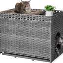 Cat Litter Box Enclosure with Soft Litter Mat; Hidden Kitten Washroom Furniture with Door; Handwoven Rattan Cat House with Large Space; Pet Crate for Living Room, Bedroom, Balcony (Grey) (30.3'' L x 18.2'' W x 24.2'' H)