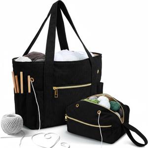 Bulyoou 2 Pcs Crochet Bag and Tote Set Corduroy Yarn Bag for Hooks Organizer Yarn Holder for Crochet Lovers Knitting Accessories (Black)