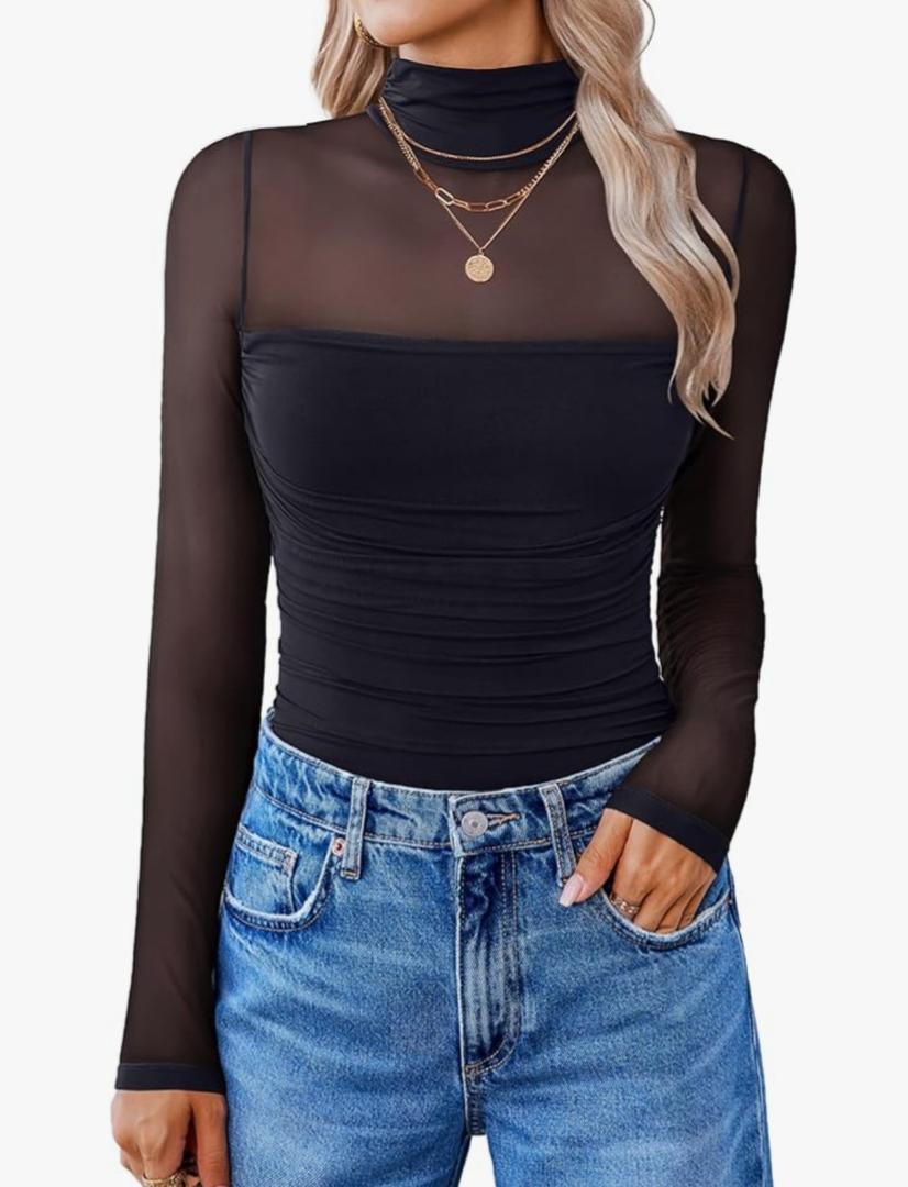 Avidlove Women Long Sleeve Bodysuit Turtle Neck Shapewear Body Suits Mesh One Piece Leotard Shirt Going Out Tops Fall Outfits Medium Black