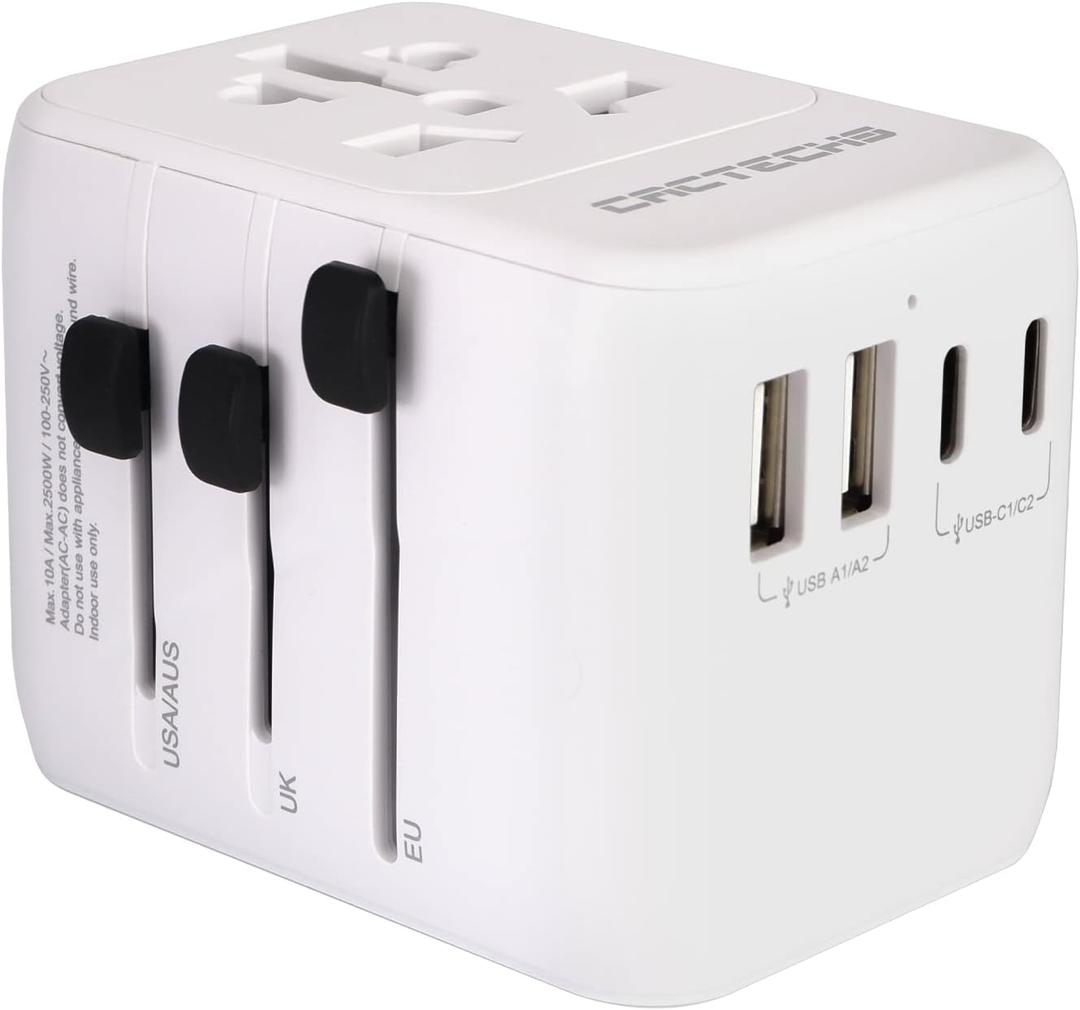 All-in-One International Plug Adapter Universal Travel Adapter with Surge Protector and PD 35W Dual USB 3 Type C Ports Outlet Extender for USA AU EU UK (White)