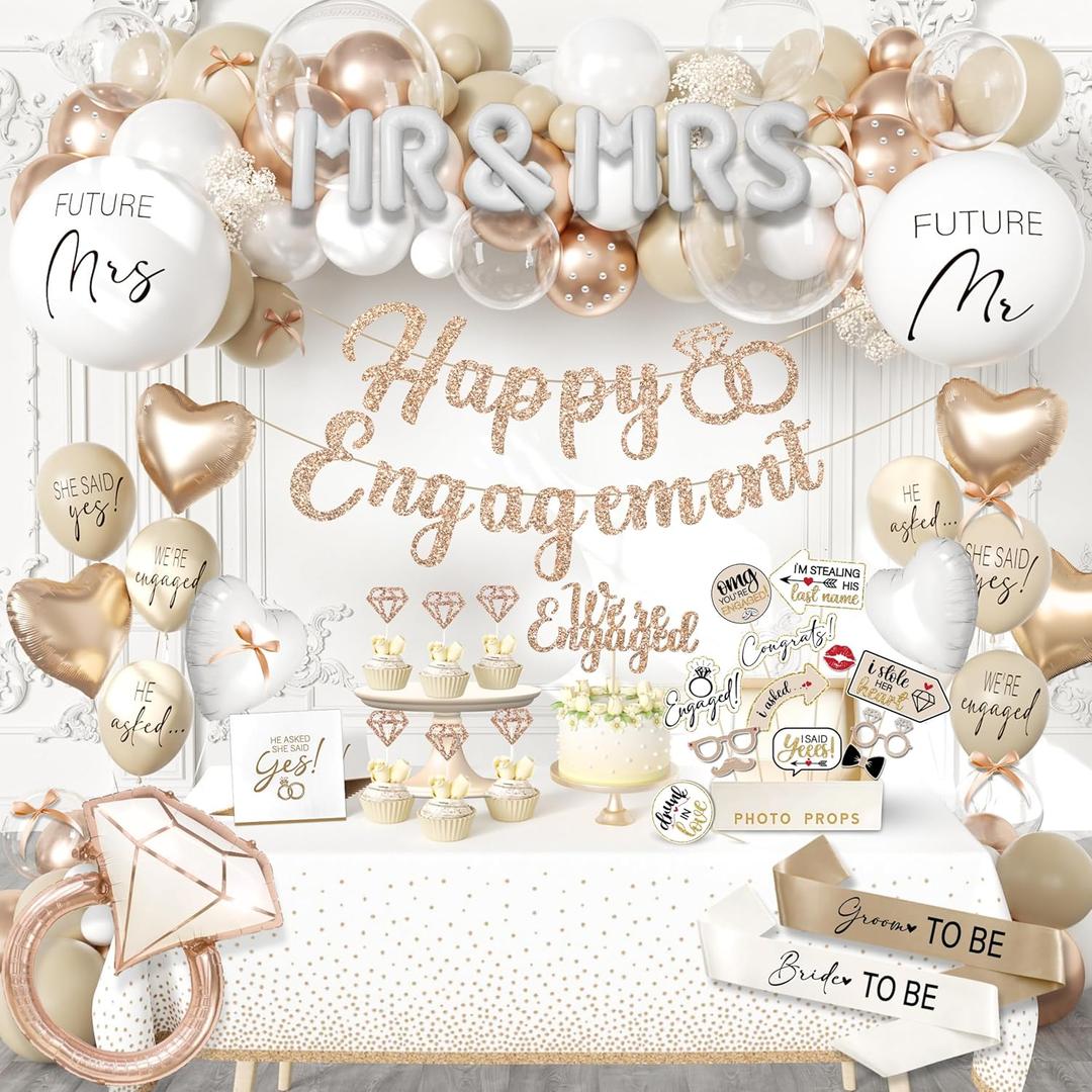 261 Pc Premium Engagement Party Decorations Kit  Elegant Mr. & Mrs. Wedding Balloons, Happy Engagement Banner, Diamond Ring White Gold Balloons, Cupcake Toppers  Classy Bride To Be Decor