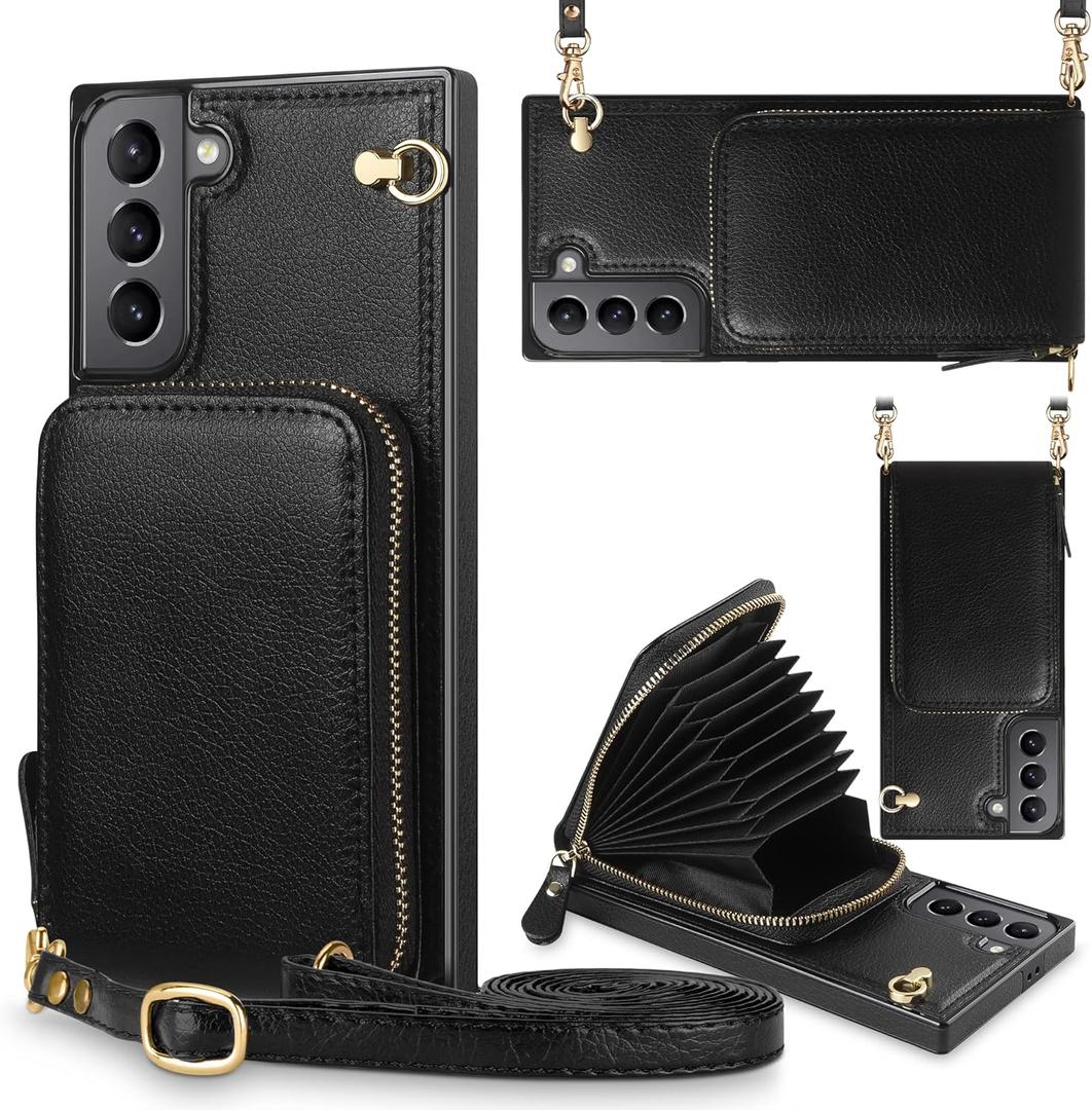 for Samsung Galaxy S21 Wallet Case with Card Holder [NOT for S21 Ultra] Zipper Leather Case with Lanyard Wallet Case Blocking Purse Cover for Samsung Galaxy S21 5G 6.2 inch Black