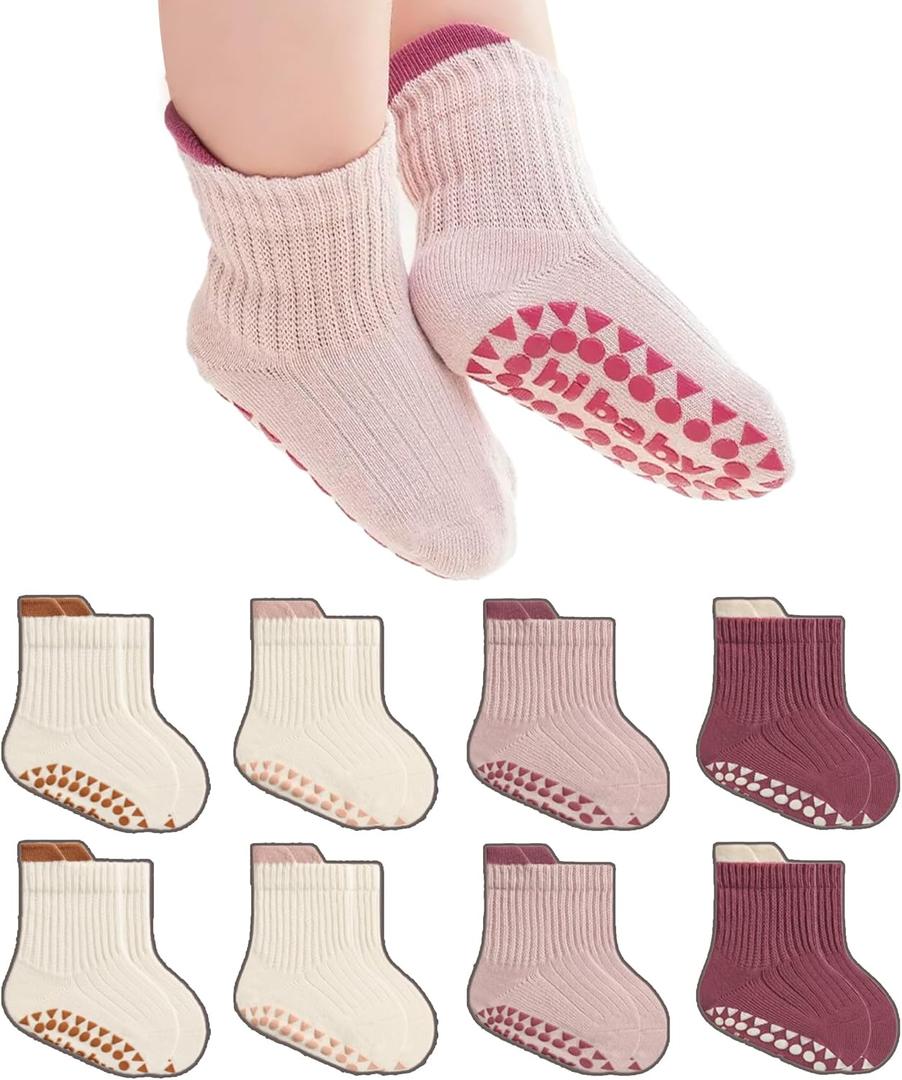 BISOUSOX Baby Girl Socks 0-6 6-12 Months, Toddler Christmas Non Slip Grippy Socks with Grips Newborn Infant 1-3T 4T 5T (8pairs-babysocks-pink)