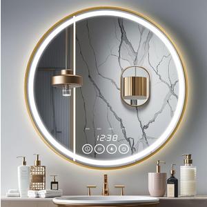 24 Inch Wall-Mounted Round Bathroom Mirror with LED-Lights - Frame Vanity Mirrors (24" x 24", Gold)