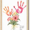TwoDays Flower Bouquet Handprint Art Craft DIY Kit, Unique Gifts for Mom From Daughter or Son for Mother's Day Birthday Christmas, Gift for Grandma.(12" X 16", With Wood Frame)