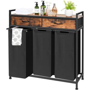 Laundry Sorter 3 Section, Laundry Hamper with Shelf and 2 Drawers, 180L Laundry Basket, laundry Organizer Cart, Pull-Out and Removable Oxford Fabric Laundry Bags,Rustic Brown and Black