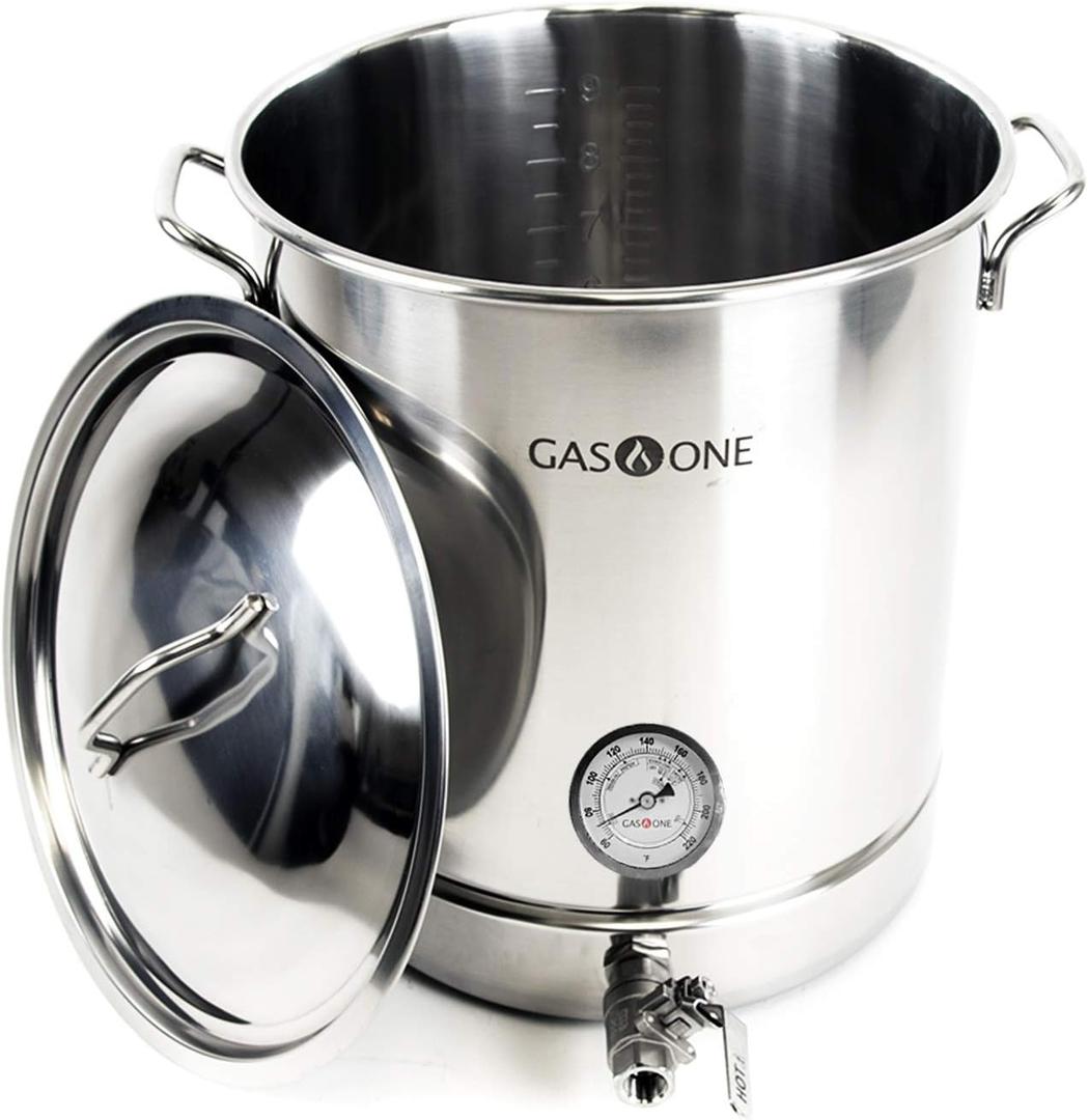 GasOne BS-40 Stainless Steel Kettle Pot Pre Drilled 4 PC Set Quart Tri Ply Bottom for Beer Includes Lid, Thermometer, Ball Valve Spigot-Home Brewing Supplies, 40 QT/10 GALLON