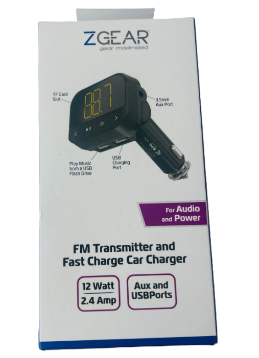 ZGear FM Transmitter and Fast Charging Car Charger 12 watt 2.4 amp Aux & USBport