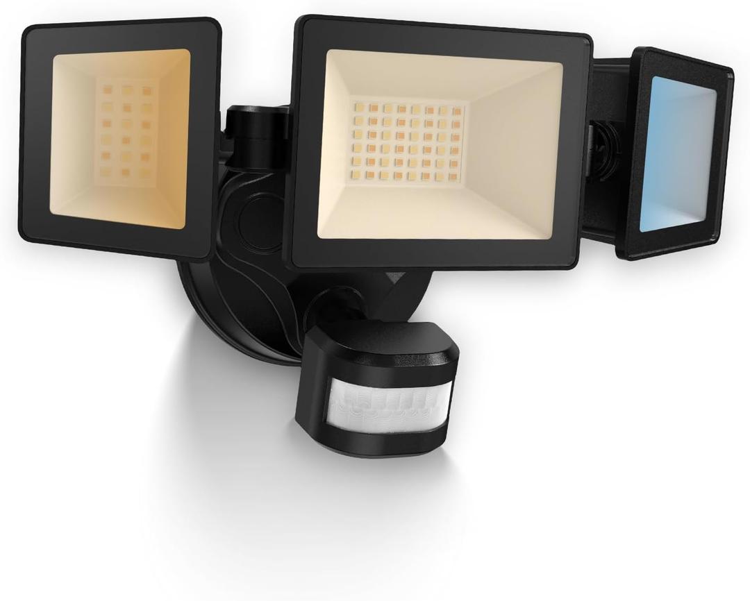 ALUSSO Motion Sensor Outdoor Lights Hardwired(Not Solar), 40W 4500LM Flood Lights Outdoor, 3 Modes(Dusk to Dawn/Auto/On Time), 3CCT 3000K/4000K/6500K Security Light for Garage Yard Porch, Black, ETL