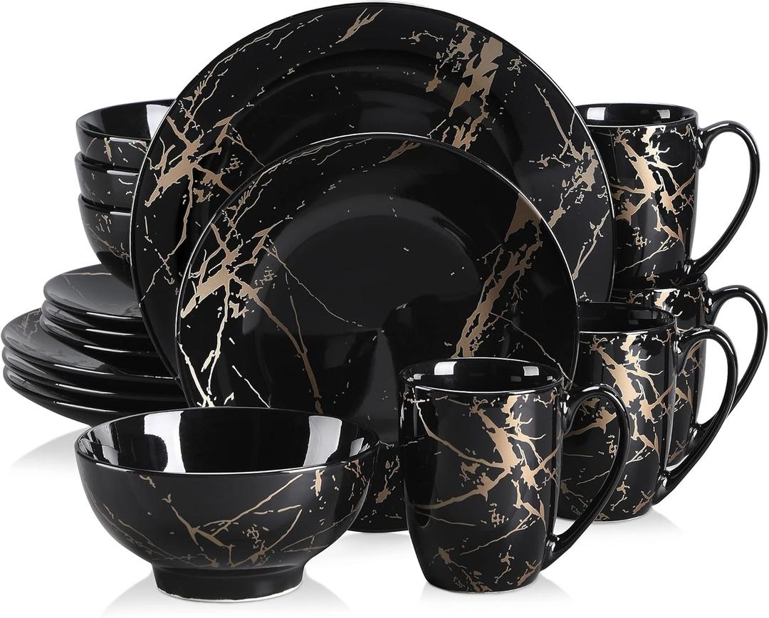 Plates and Bowls Sets for 4, Black Dinnerware Sets 16 Piece Gold Splash Glaze Round Dish Set, LOVECASA Porcelain Plate Set with Mugs Dishwasher Microwave Safe