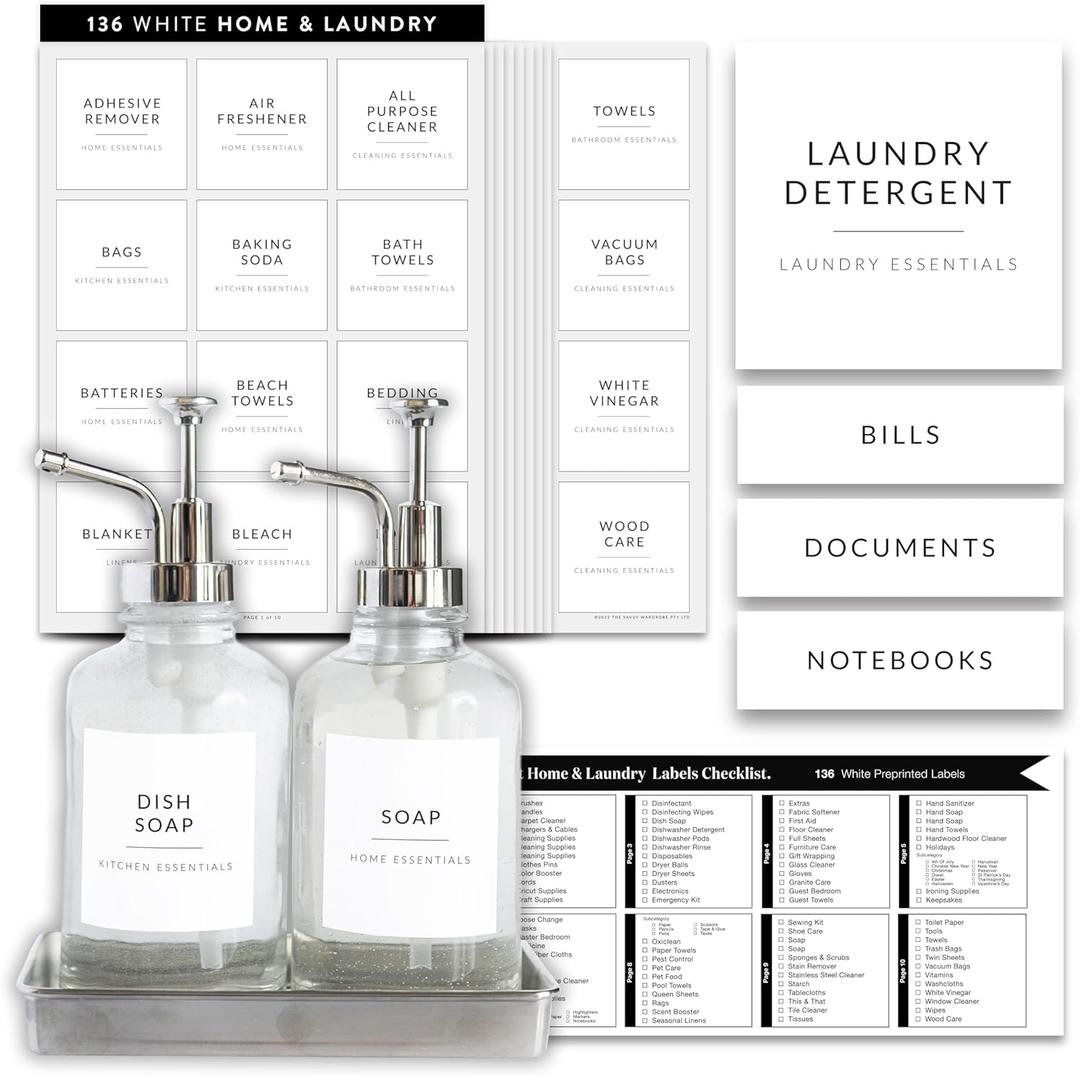 Laundry Labels for Jars, 136 Preprinted Home and Laundry Label Stickers for Storage Bins, Cleaning Jars, Spray Bottles, Linen Closet, Household Organization
