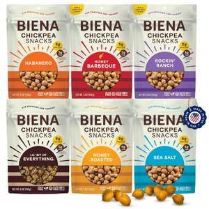 BIENA Chickpea Snacks - Crunchy Roasted Chickpeas - High Fiber Vegan Protein Snack for Adults & Kids - 6-Pack, 5 oz Bags - BBQ, Habanero, Honey Roasted, Lil' Bit of Everything, Sea Salt, Rockin' Ranch