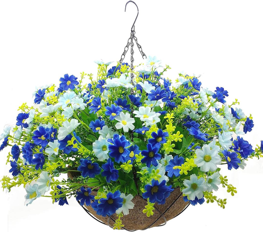 Artificial Faux Hanging Plants Flowers Basket for Summer Autumn Outdoor Outside Porch Decoration, Fake Silk Colorful Daisy Eucalyptus UV Resistant Look Real for Home Patio Balcony Yard (Blue)