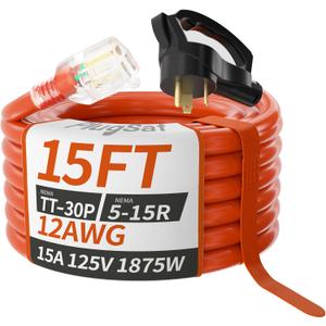 RV 30 Amp to 110 Adapter Extension Cord 15 FT, NEMA TT-30P to NEMA 5-15R Heavy Duty Outdoor RV Electrical Adapter with Grip Handle, 12AWG 15Amp 125V 1875W, Black-Orange, ETL Listed