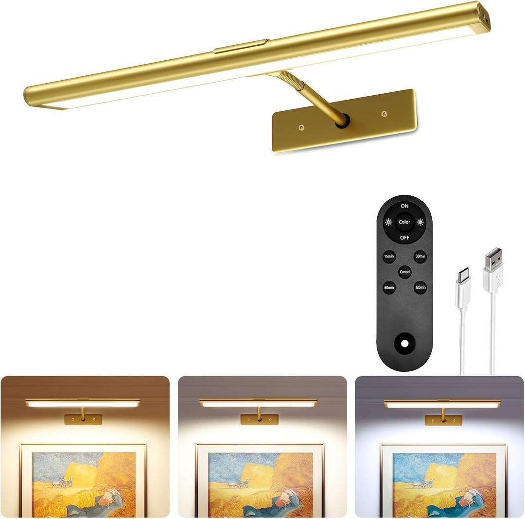 EZVALO Picture Light for Wall, 4800mAh Rechargeable Wireless Remote, 13in Dimmable Magnetic LED Art Display Light with 3 Color Temperatures, for Gallery, Living Room, Bedroom, Hallway (Gold)