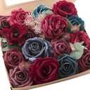 Floroom Burgundy Navy Blue Artificial Flowers Marsala Fake Roses Peonies Greenery Combo Box Set for DIY Dark Red Wedding Bouquets Bridal Shower Centerpieces Floral Arrangements Party Tables Decoration