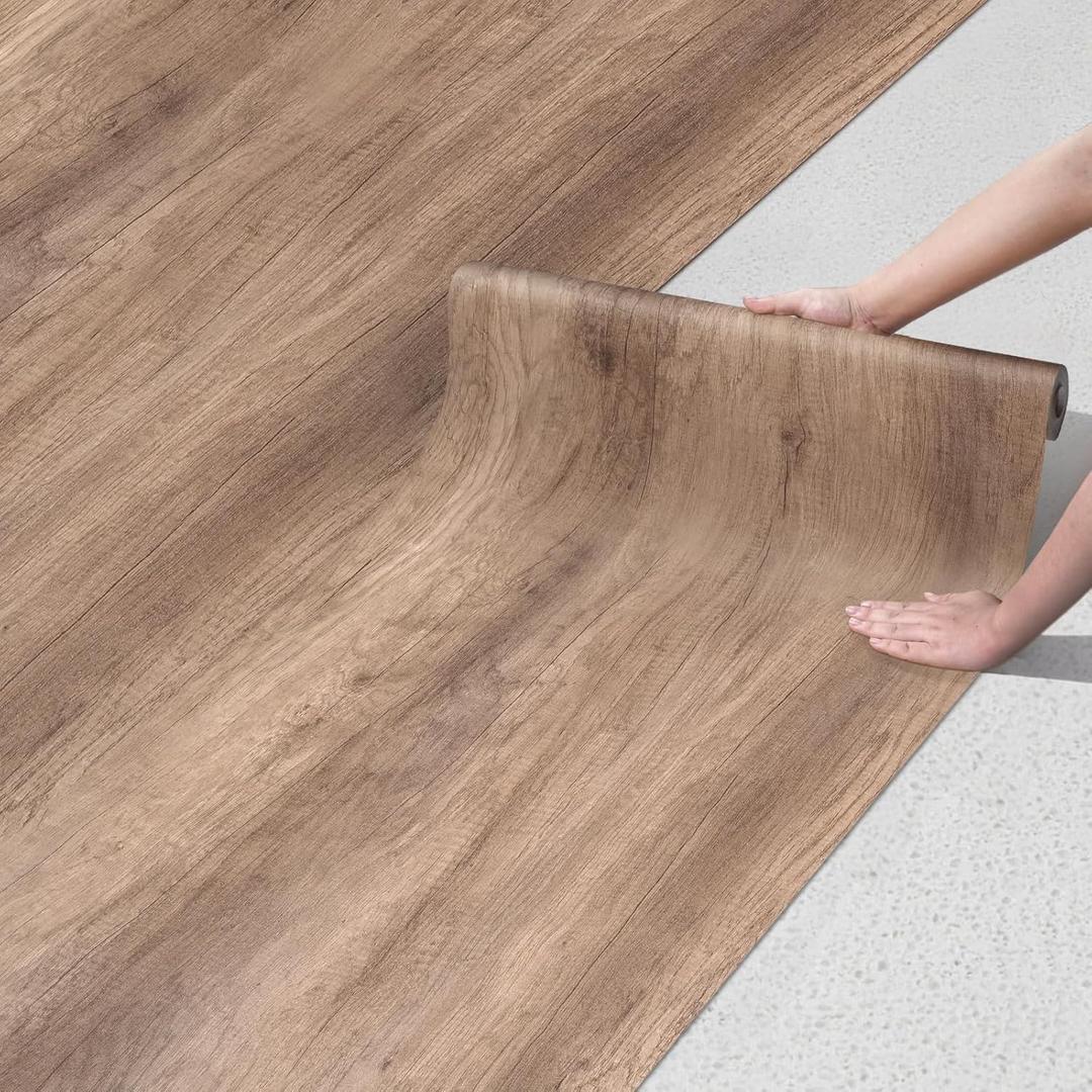 Peel and Stick Floor Tile Vinyl Flooring Roll 23"x 118"/19.4 Sq.Ft Linoleum Laminate Floor Tile Peel and Stick Self Adhesive Waterproof Brown Wood Plank Sheet Flooring Sticker for Home Room