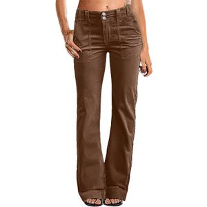 Flamingals Women's Wide Leg Pants for Women Mid Waist Dress Flare Straight Leg Corduroy Pants Work 31" Inseam Trouser (Brown, XL)