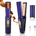 Cordless Curling Iron Titanium Portable Flat Iron Travel Curling Wand Straightener and Curler 2 in 1 Dual Voltage & 3 Temps Hair Styling Tools 5000 mAh Battery Heats Up in Seconds for Long Short Hair (Blue)