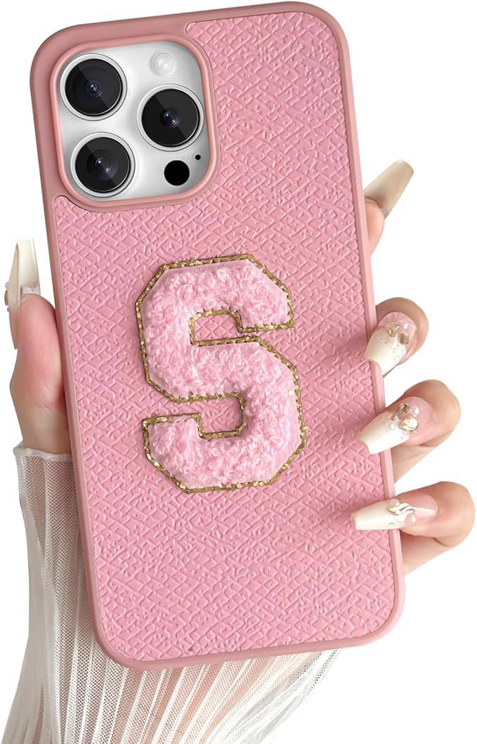 Skyseaco for iPhone 15 Pro Max Case, Cute Monogram Phone Case for Women Girls with Pink Initials Phone Case Luxury Leather Shockproof Protective Cover for iPhone 15 Pro Max 6.7 inch - S