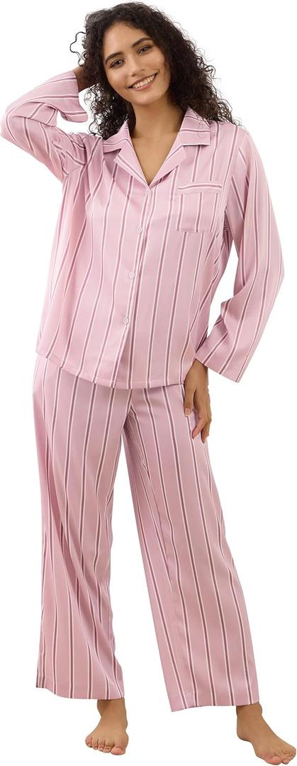 Womens Silk Satin Pajamas Set Button Down 2 Piece Pjs Long Sleeve Oversized Sleepwear with Pockets (Medium, Pink Stripe)