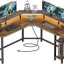 Rolanstar L Shaped Gaming Desk with LED Lights & Power Outlets, 46.2" Computer Desk with Full Monitor Stand & Storage Shelf, Corner Desk with Hooks, Rustic Brown Desk Reversible (53.0*46.2*34.1 inch)