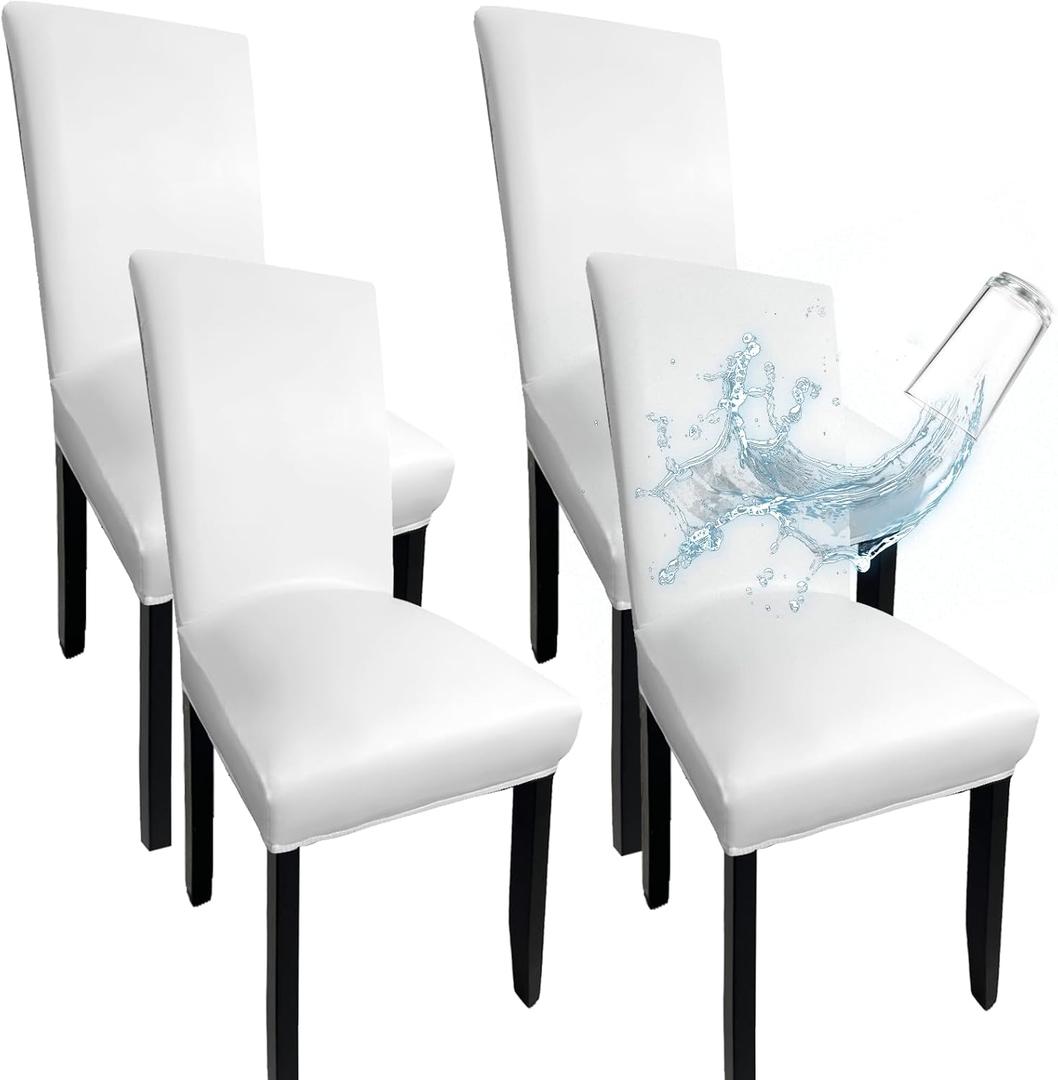 Leather Chair Covers for Dining Chairs Set of 4, Super Stretch Waterproof Kitchen Chair Covers Thickened Washable Dining Chair Slipcovers Pure White Chair Seat Cover for Dining/Kitchen/Banquet