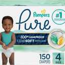 Pampers Pure Baby Diapers, Size 4 (22-37 lbs), 150, Up to 100% Leakproof, Premium Hypoallergenic Soft Diapers