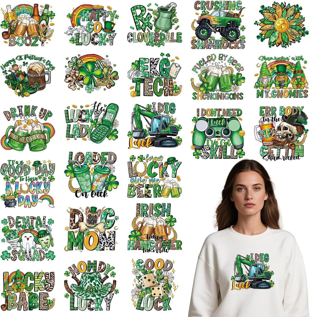 Rngmsi Dtf Transfers Ready to Press - 24 Pcs St. Patrick's Day Iron on Patches for T-Shirts, Lucky Shamrock Iron on Stickers Clover Heat Transfer Vinyl Decals for DIY Fabric Clothes Decor