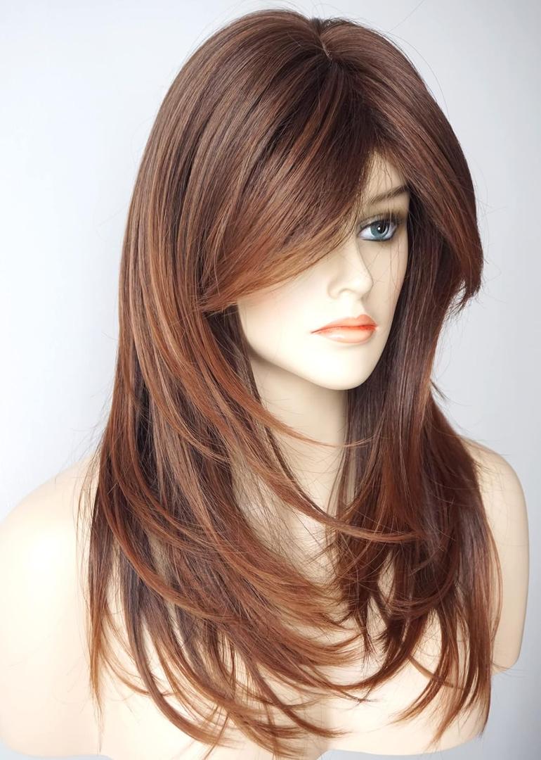 Long Layered Shoulder Length Wig Cowboy Copper Hair Brown Ombre Synthetic Hair Fiber Highlight Multicolor Wigs for White Women (3324)