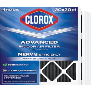 Clorox 20x20x1 Air Filter, MERV 8 with Carbon, Reduces Pet Smells, Cooking Smells and More, Pleated HVAC AC Furnace Filter, 4-Pack (Actual Size 19.75 x 19.75 x 0.75), Made in USA