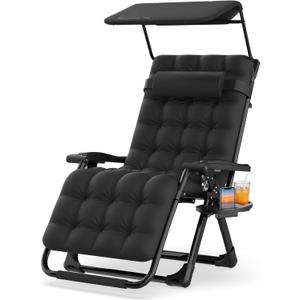 Suteck Zero Gravity Chair with Canopy, Reclining Camping Lounge Chair w/Removable Cushion, Upgraded Lock and Cup Holder, Reclining Patio Chairs Folding Recliner for Indoor and Outdoor, 26Inch