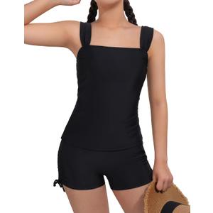 Beautyin Girls Tankini Swimsuit 2 Piece Bathing Suit Adjustable Straps Tween Tankini Swim Top & Shorts Swimwear 14Y (Black)