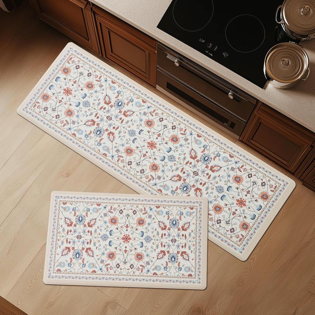 FRESHMINT Anti Fatigue Kitchen Mats for Floor 2 Piece Set, Waterproof & Non-Skid Vintage Floarl Kitchen Rugs, Cushioned Kitchen Mat for Standing Washable Comfort Desk Kitchen Runners, 17x30''+17x47'' (Floral - Beige)