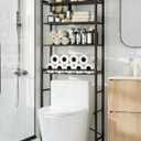 4-Tier Over-the-Toilet Storage Rack with One-Piece Wooden Shelves & Open Net Basket, Bathroom Organizer with Adjustable Feet & Anti-Tip Kit, Space-Saving Toilet Shelf, Black, 24.4" x 9.4" x 69.3"