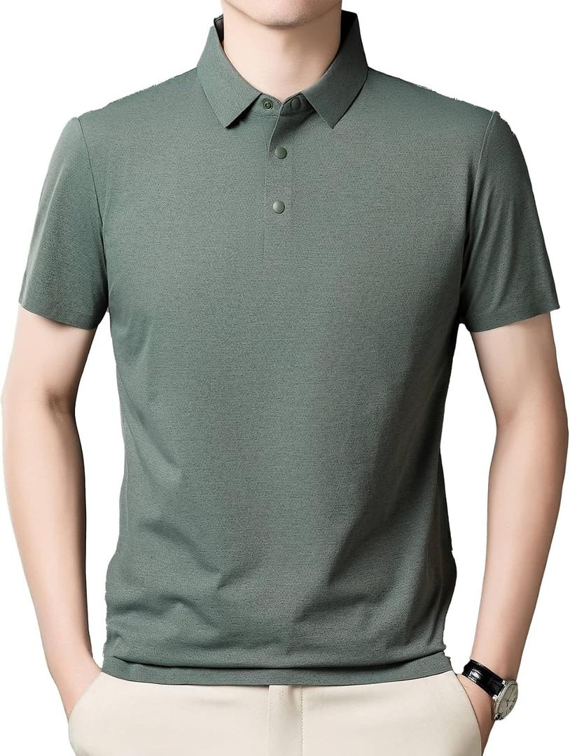 Men's Golf Polo Shirts Light Weight Business Casual Athletic Short Sleeve Polos Comfy Breathable Wicking (Green, L)