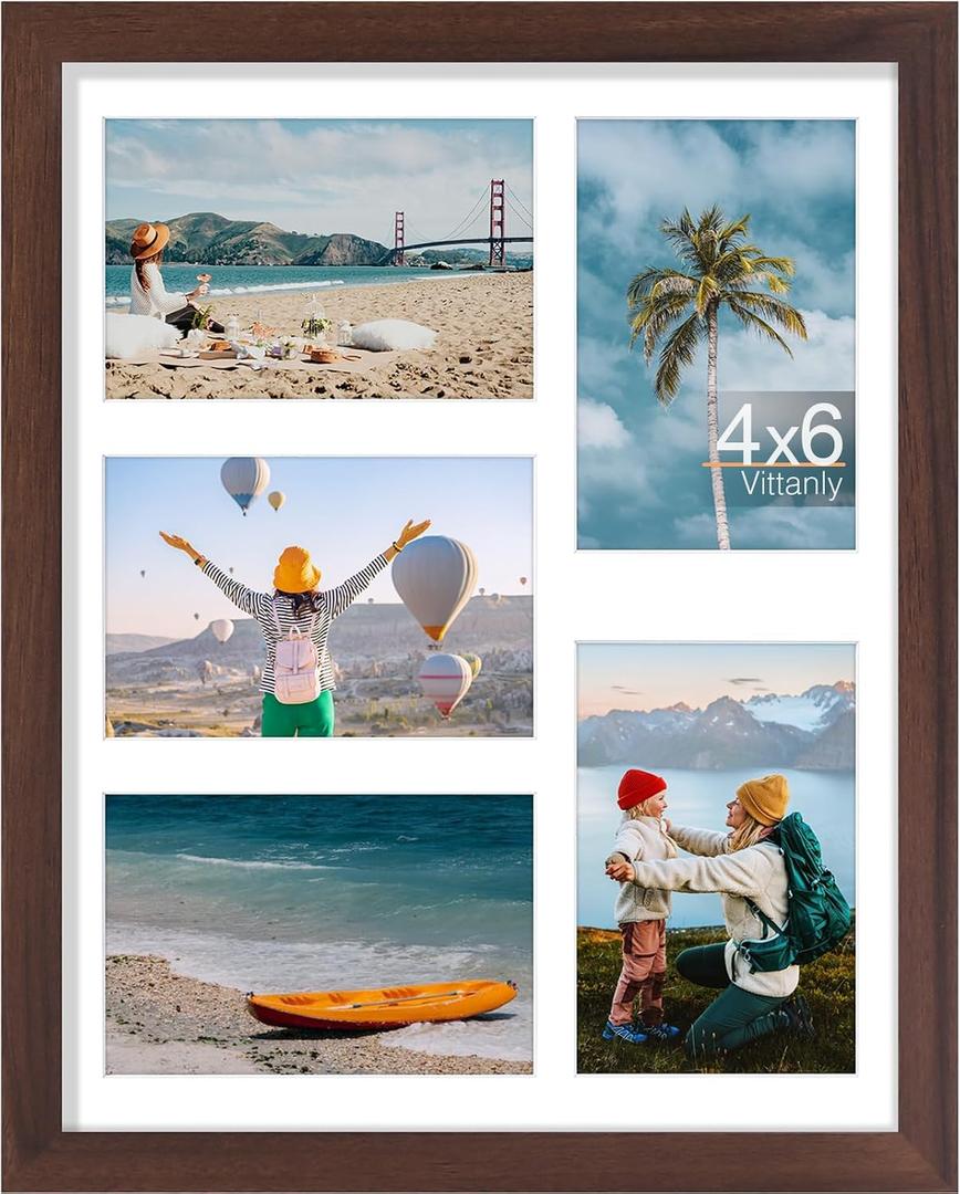 Vittanly 11x14 Collage Picture Frame, Displays 5Pcs 4x6 Pictures, Brown | Picture Frame Collage for 5Pcs 4x6 Photos with Mat, MDF Photo Frames with Plexiglass, Horizontal or Vertical Display