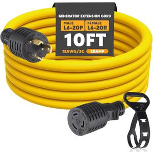 10ft L6-20 Generator Extension Cord Compatible with NEMA L6-20P Male Plug to L6-20R Female Receptacle 3 Prong 20 Amp Locking Power Cord, STW 12 AWG/3C,250 Volt 5000 Watts, ETL Listed
