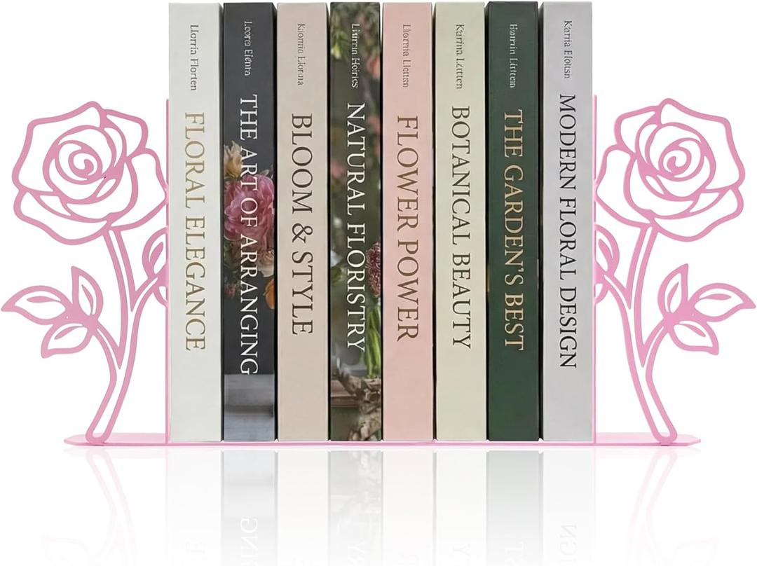 Metal Rose Flower Bookends  Novelty Book Ends with Rose Design, Floral Shelf Decor Decorative Bookends for Shelves Ideal Gift for Book Lovers (Pink)